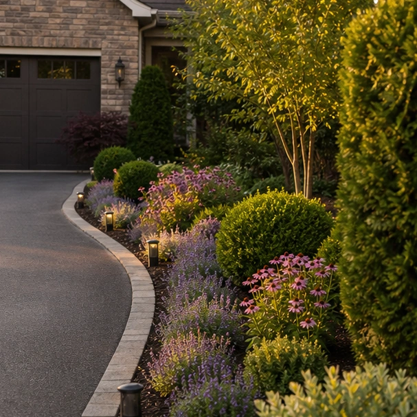 Driveway Border Landscaping Ideas with layered planting