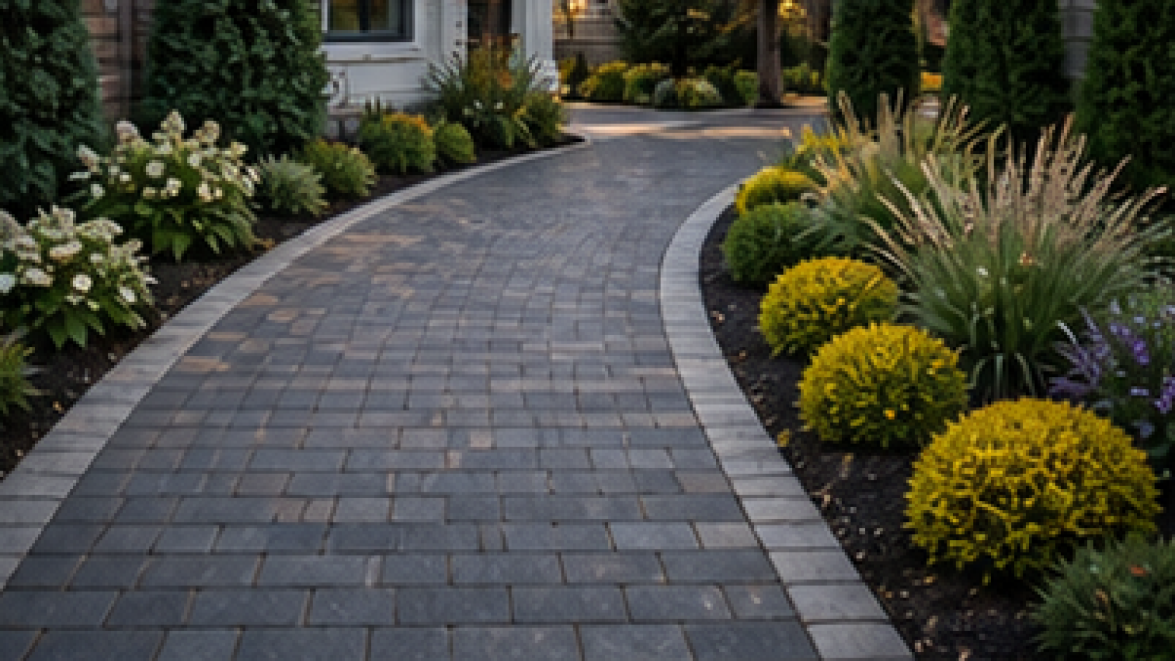 Driveway Border Landscaping Ideas with dark pavers