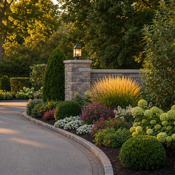 Driveway Entrance Landscaping Ideas with layered planting