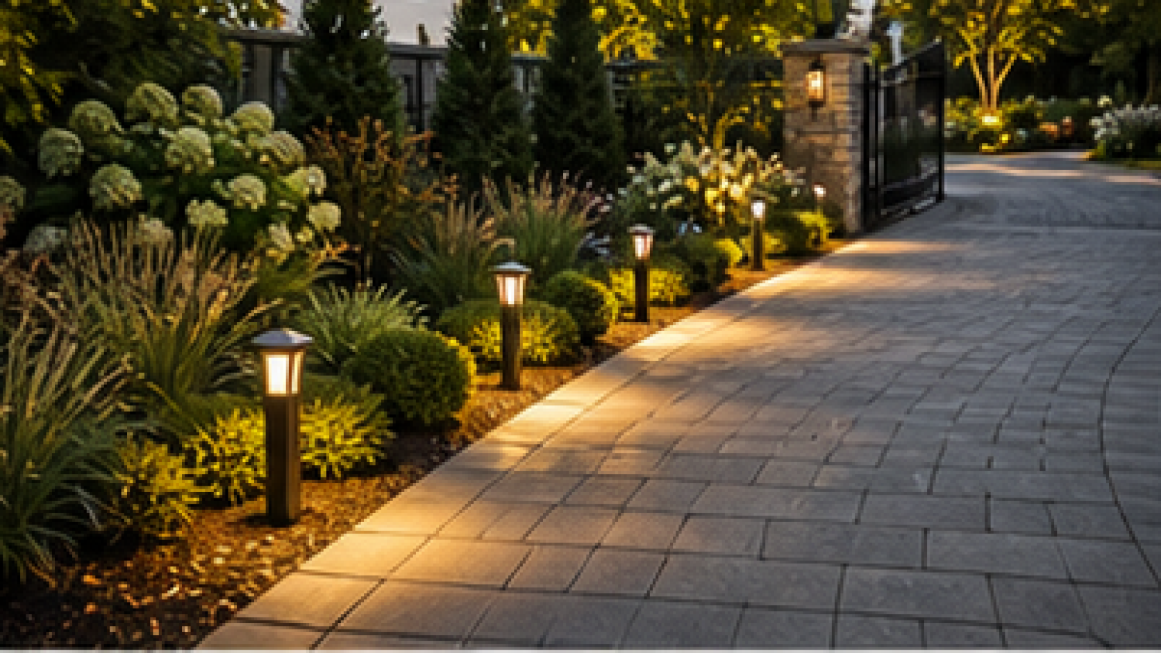 Driveway Entrance Landscaping Ideas with path lights
