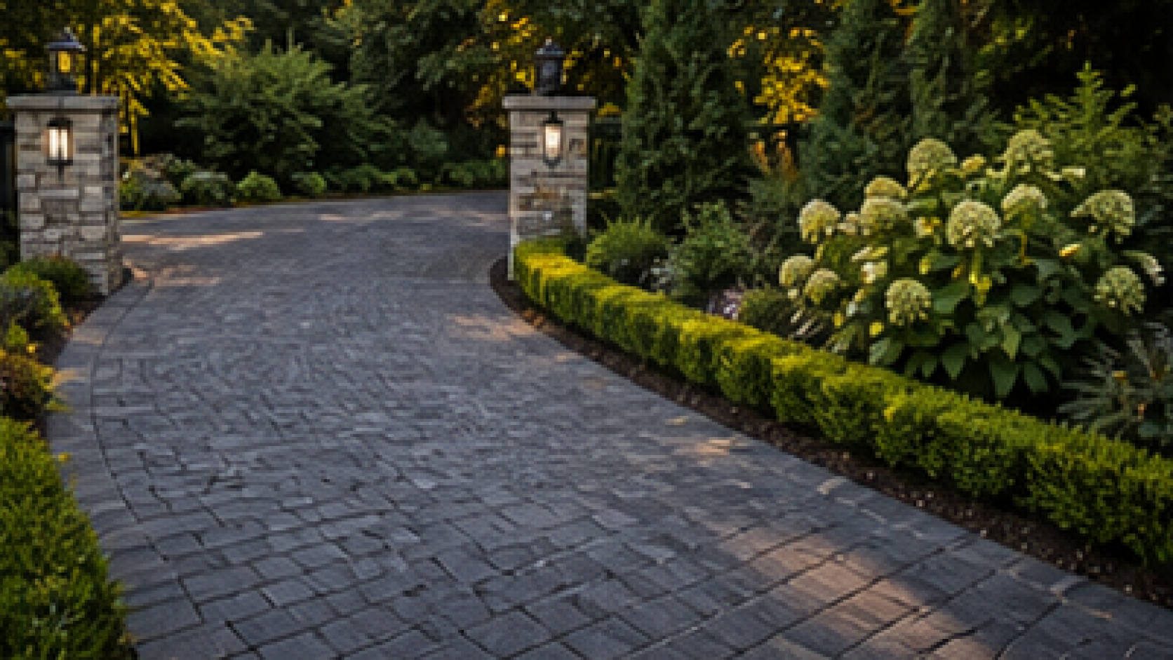 Driveway Entrance Landscaping Ideas with dark pavers