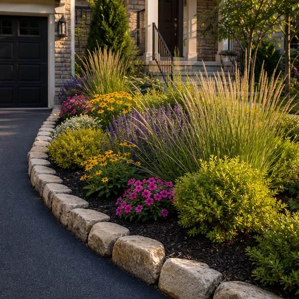 Driveway Flower Bed Ideas with ornamental grasses
