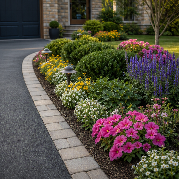 Driveway Flower Bed Ideas with paver border