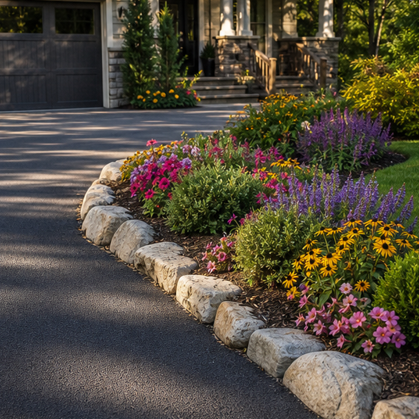 Driveway Flower Bed Ideas with stone edge