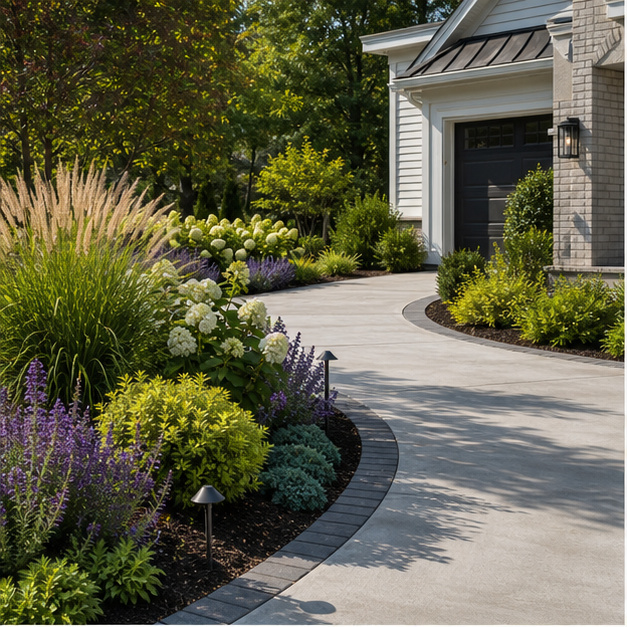 Driveway Ideas with lush planting