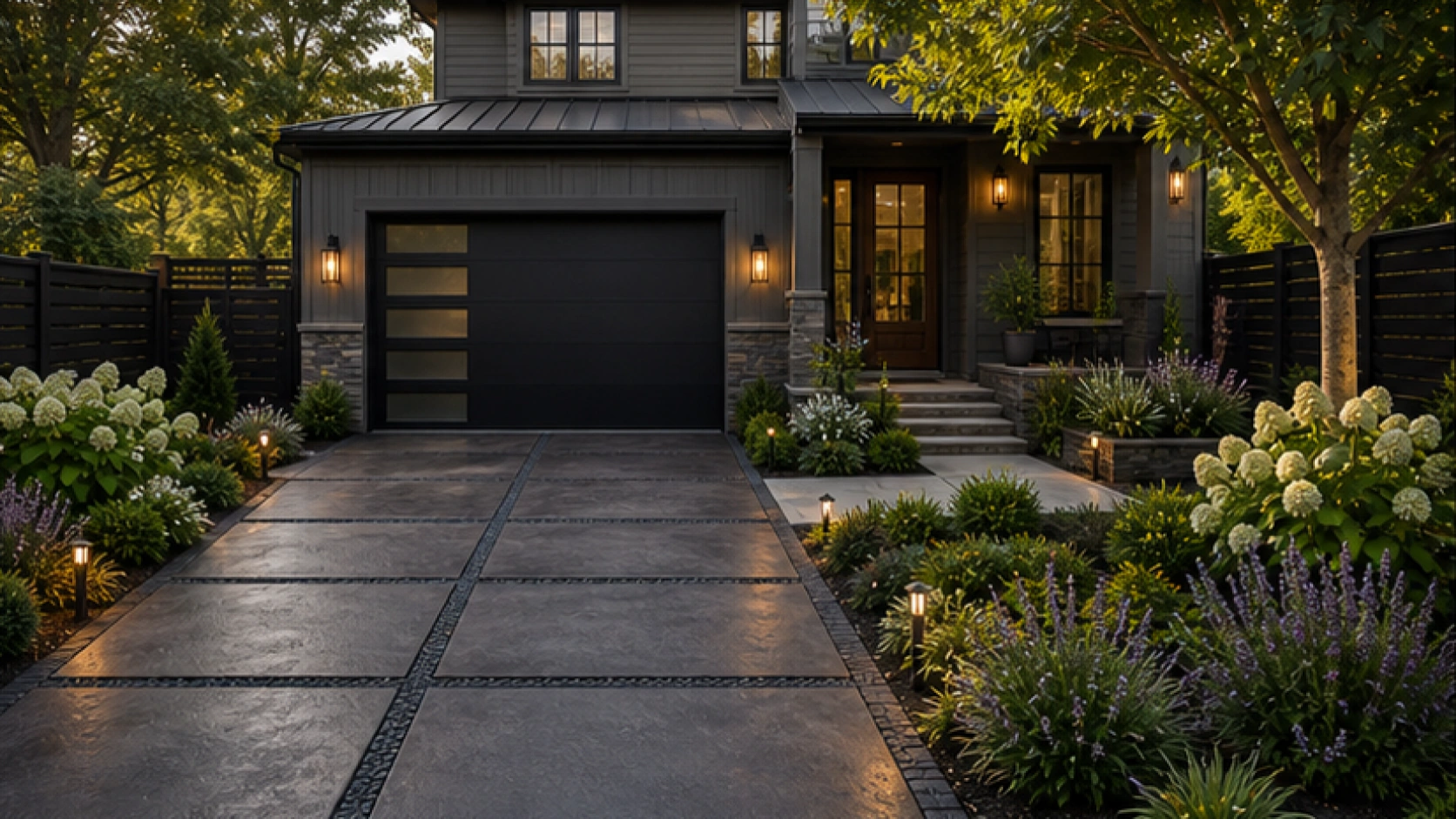 Driveway Ideas with dark wood accents