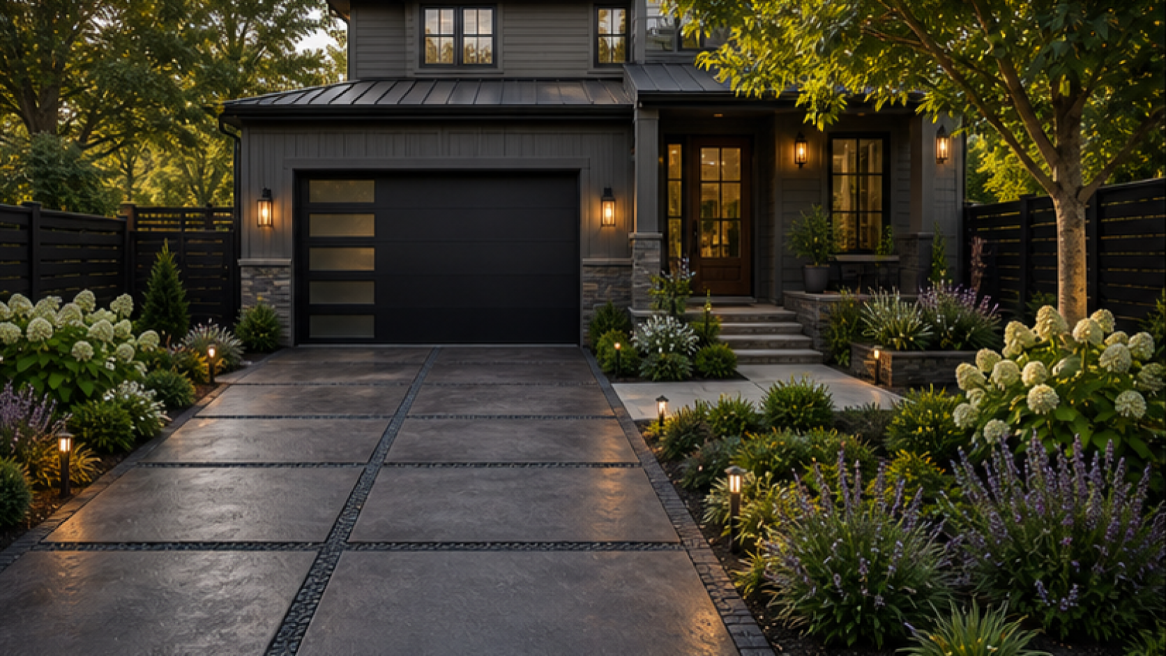 Driveway Ideas with dark wood accents