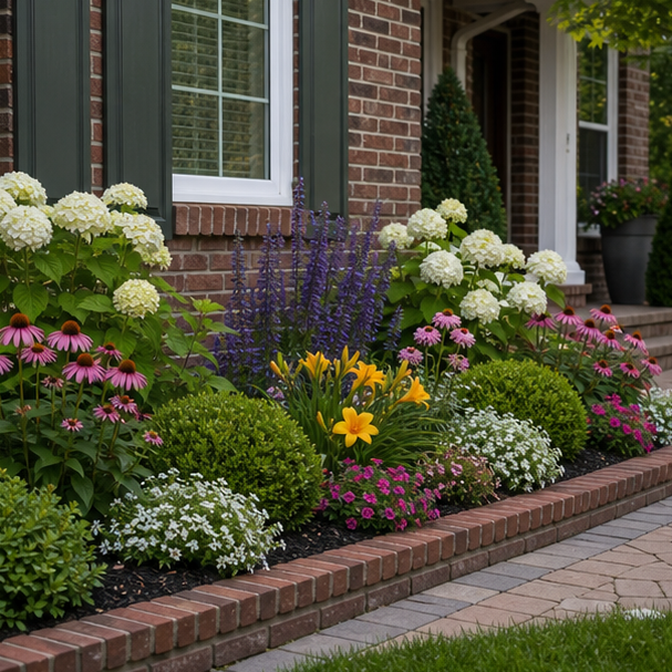 Flower Bed Around House Ideas with brick edge