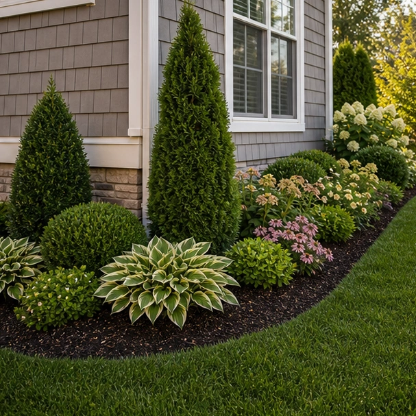 Flower Bed Around House Ideas with clean mulch