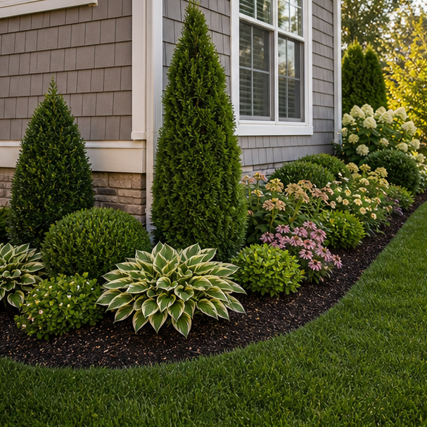 Flower Bed Around House Ideas with clean mulch