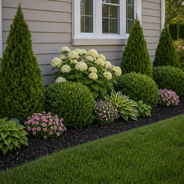Flower Bed Around House Ideas with evergreen base