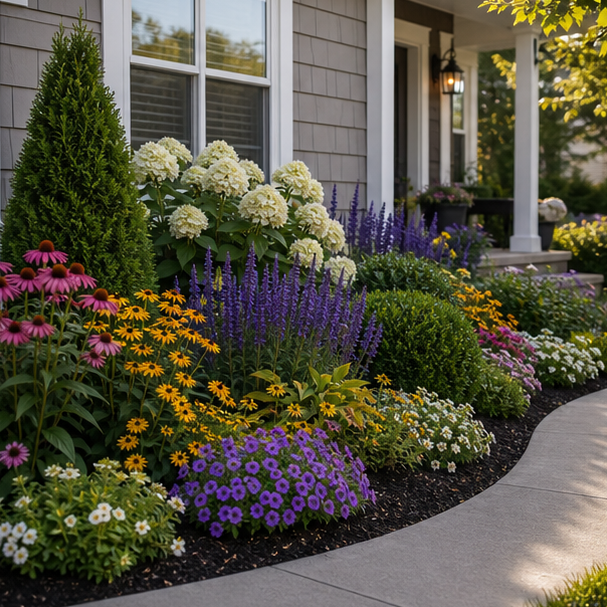 Flower Bed Around House Ideas with seasonal blooms