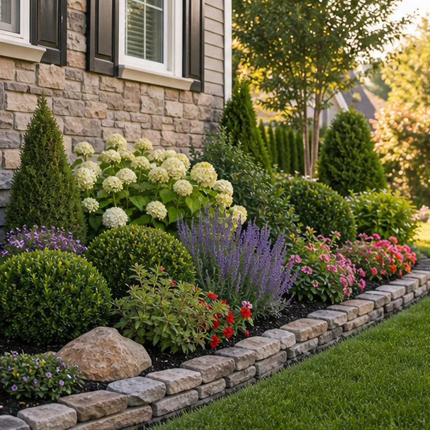 Flower Bed Around House Ideas with stone border