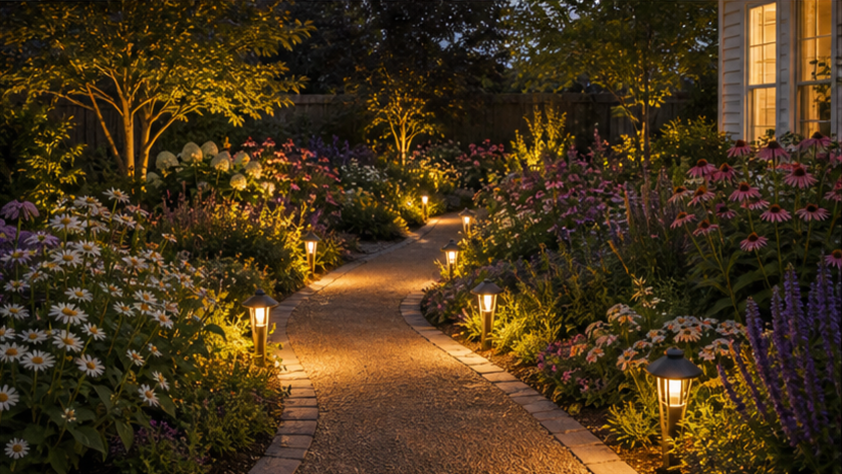 Flower Garden Ideas with path light accents