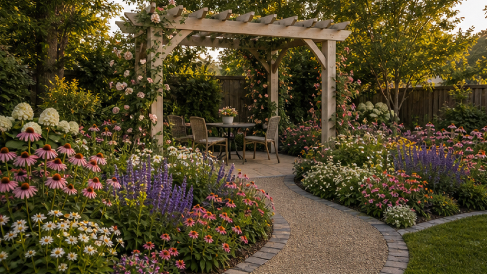 Flower Garden Ideas with a pergola accent