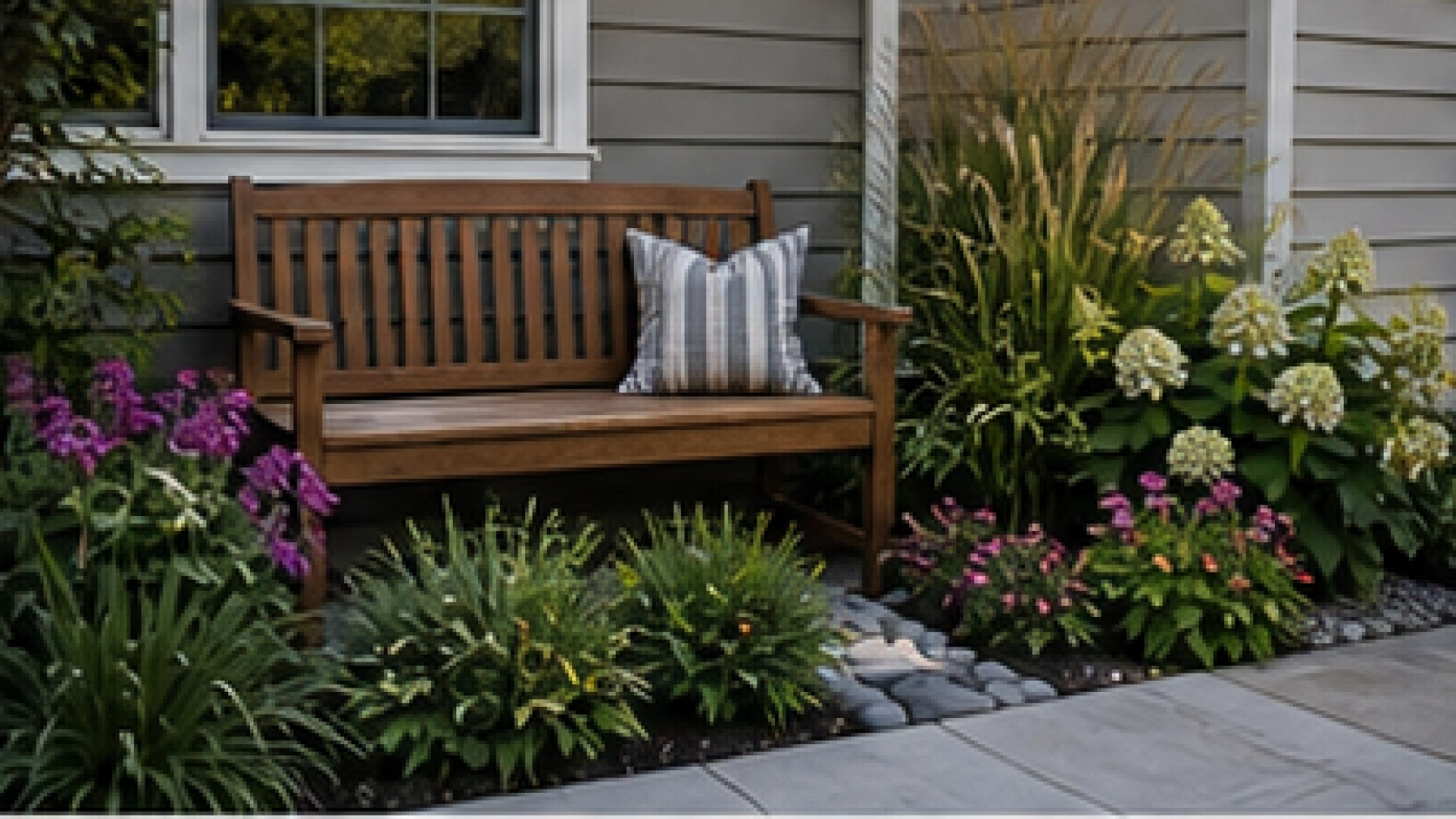 Front Porch Landscaping Ideas with garden bench
