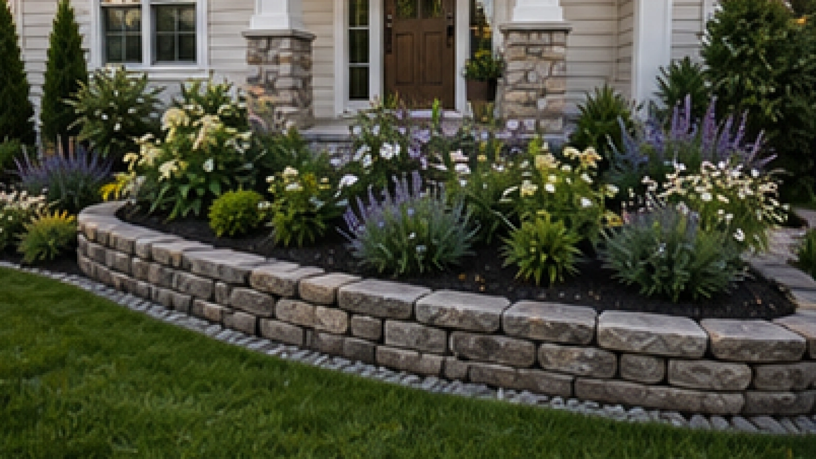 Front Porch Landscaping Ideas with stone border
