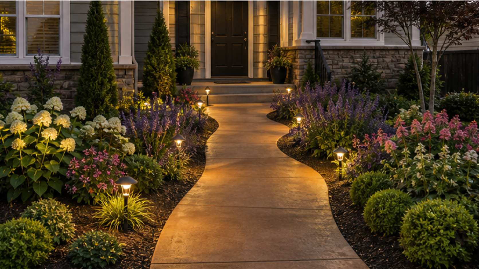 Front Yard Flower Bed Ideas with a treated concrete look