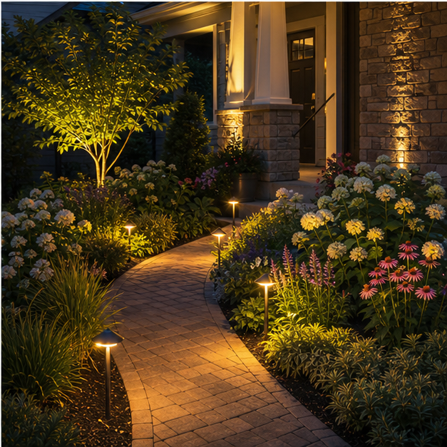 Front Yard Flower Bed Ideas with evening light