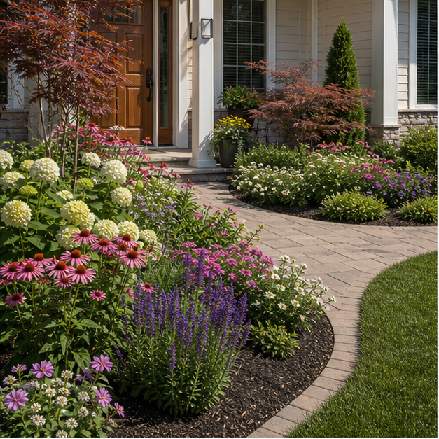 Front Yard Flower Bed Ideas with lush planting
