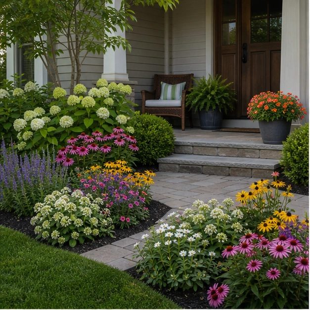 Front Yard Flower Bed Ideas with seating zone