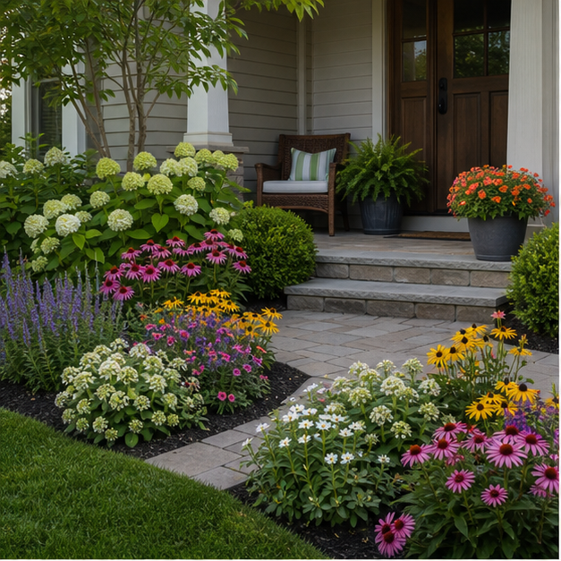 Front Yard Flower Bed Ideas with seating zone