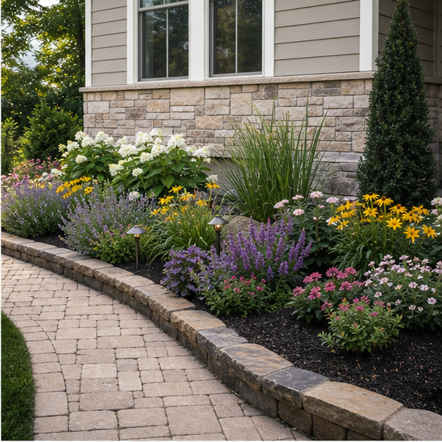 Front Yard Flower Bed Ideas with stone texture