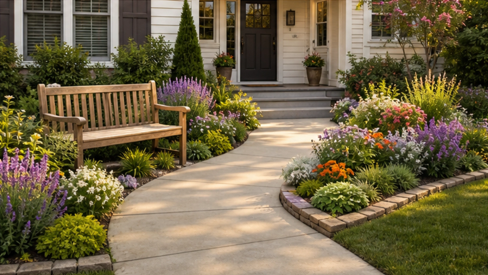Front Yard Flower Bed Ideas with a bench accent