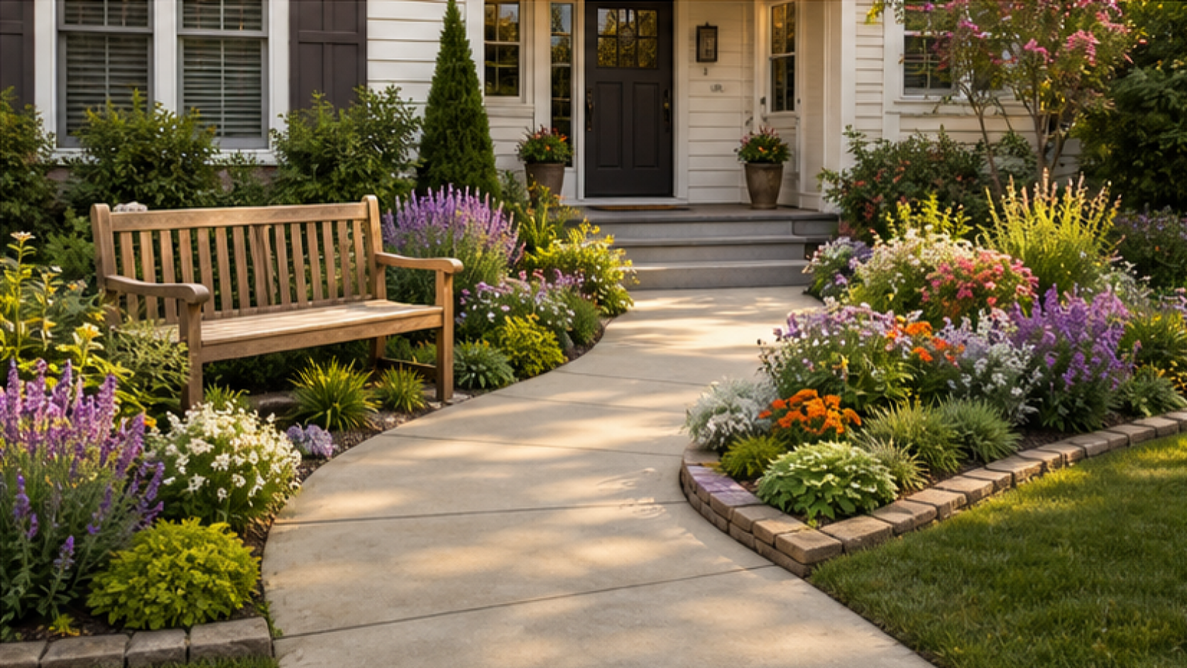 Front Yard Flower Bed Ideas with a bench accent
