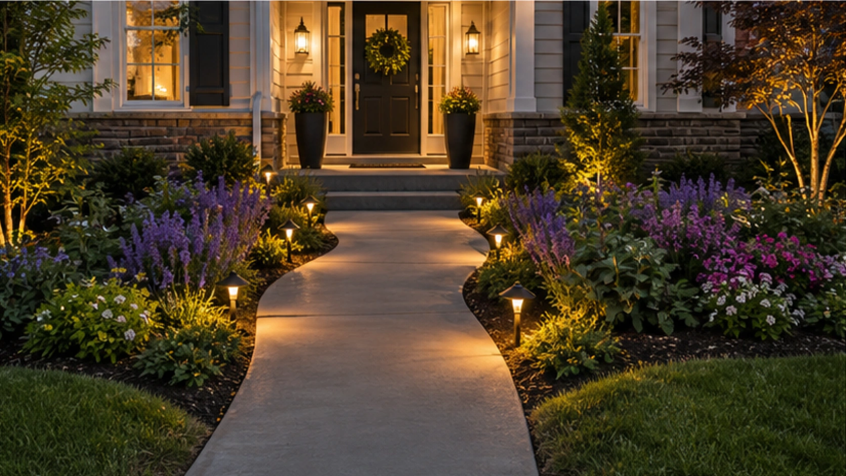 Front Yard Flower Bed Ideas with path light accents