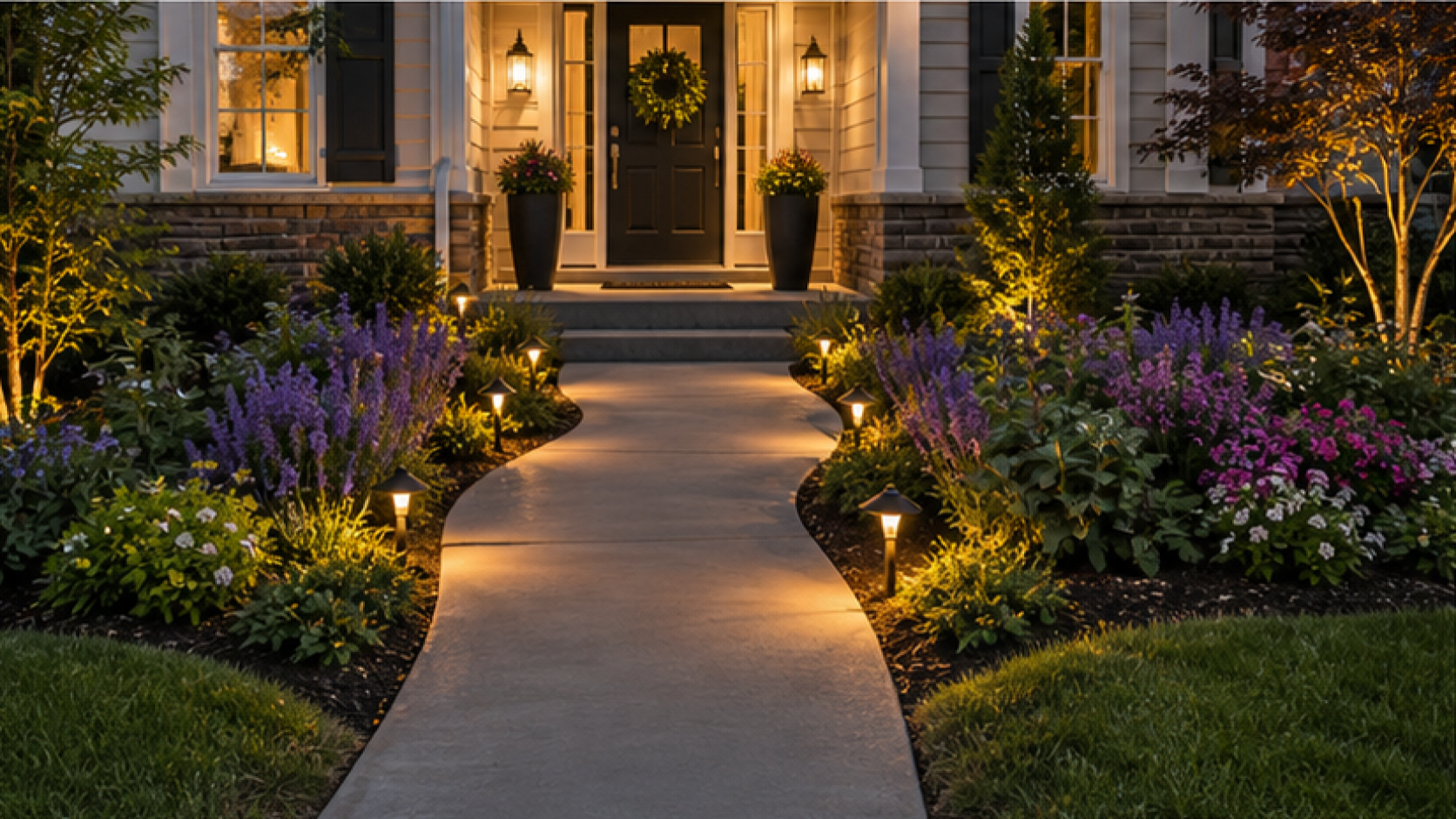 Front Yard Flower Bed Ideas with path light accents