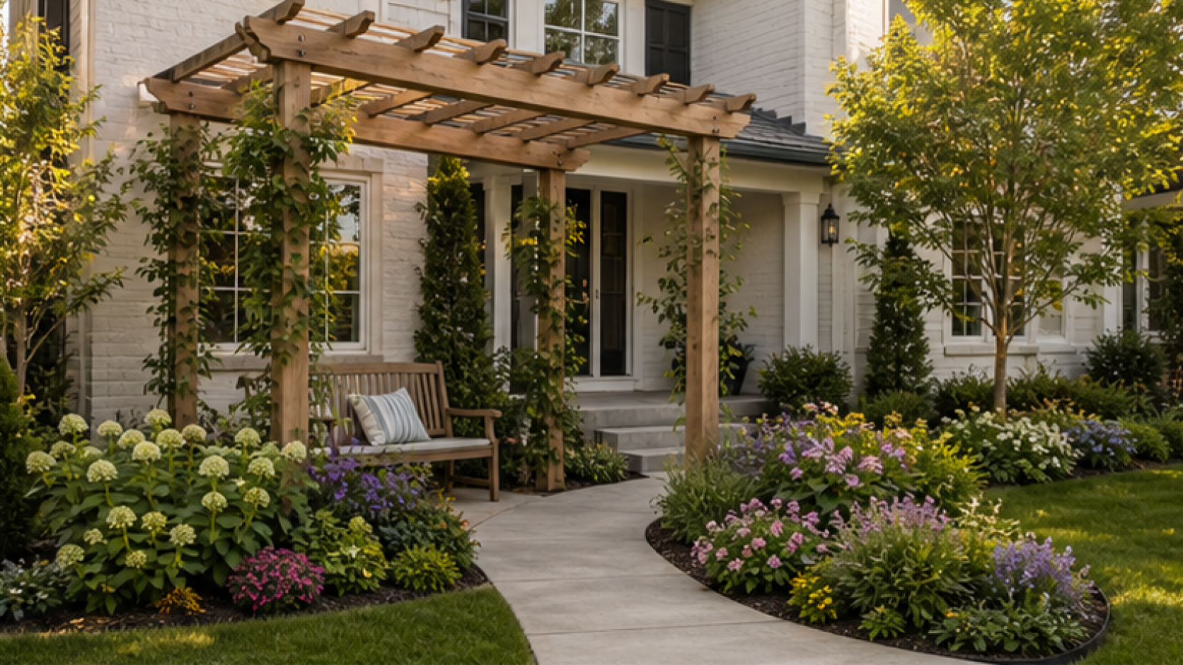 Front Yard Flower Bed Ideas with a pergola accent