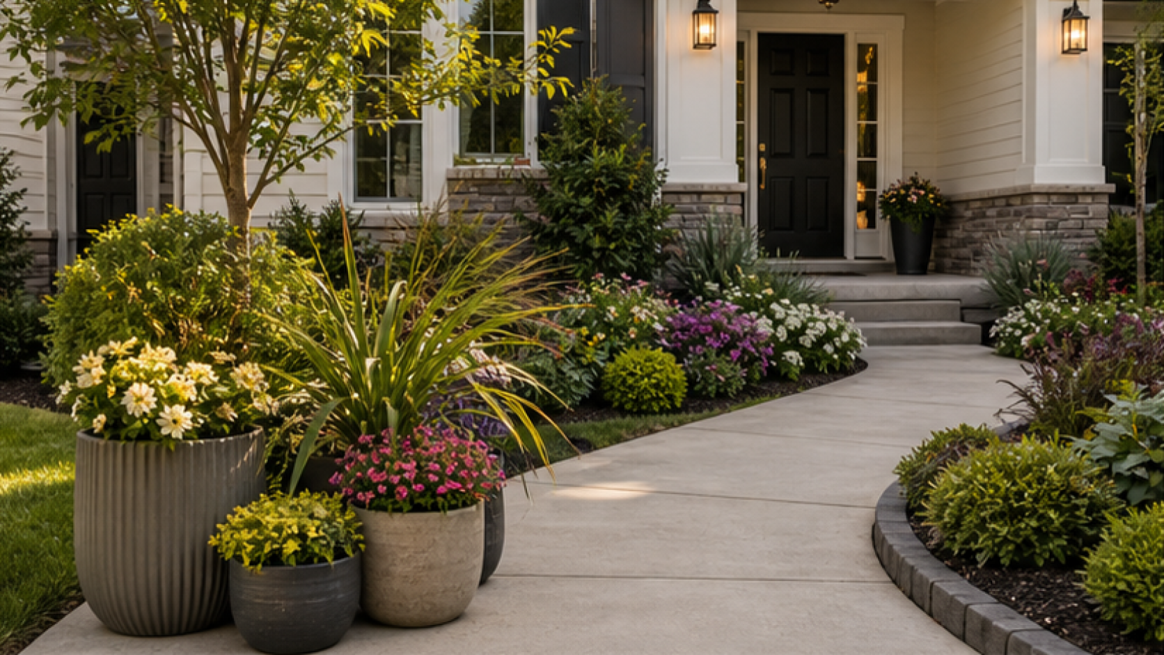 Front Yard Flower Bed Ideas with grouped planters