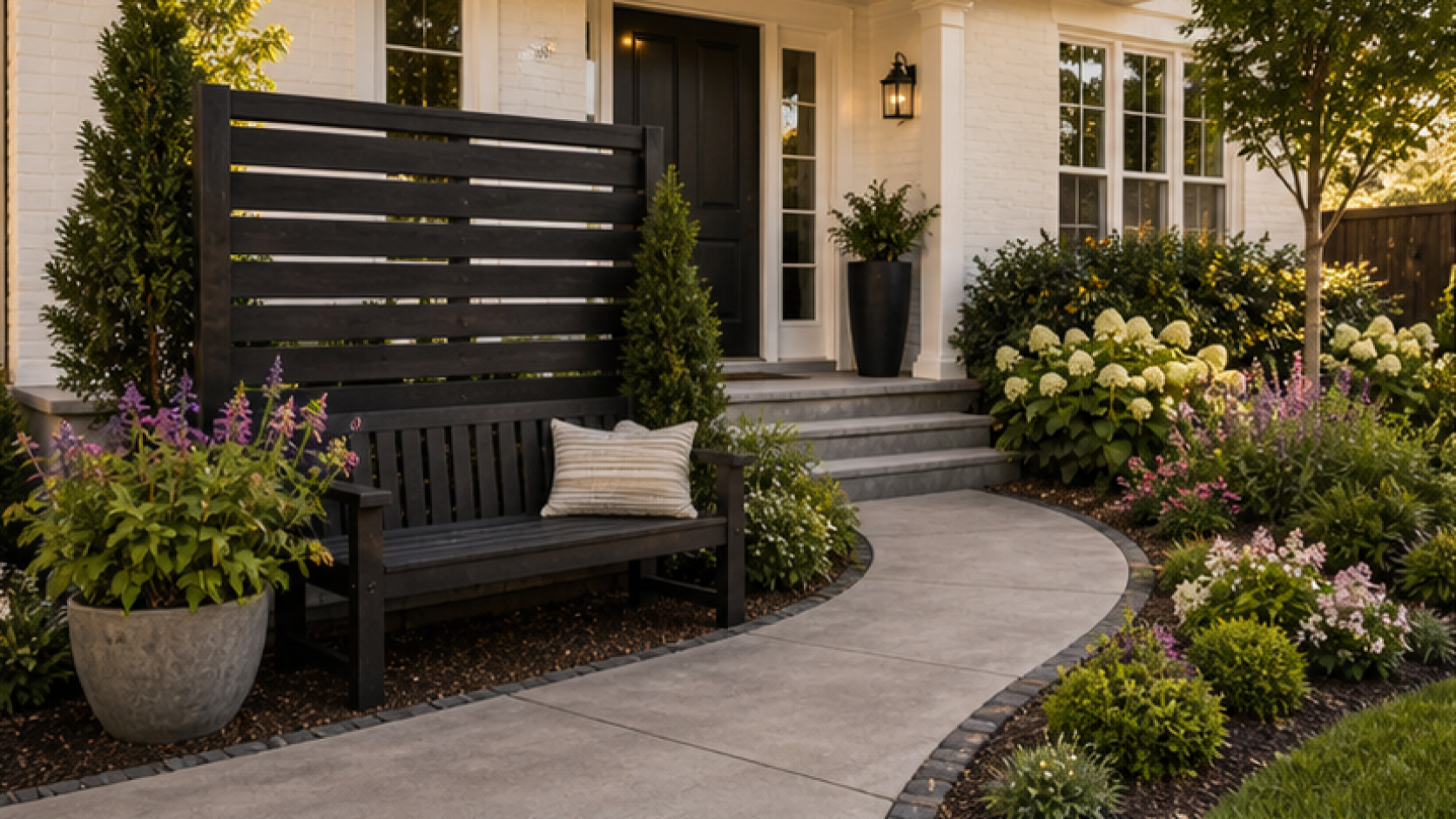 Front Yard Flower Bed Ideas with dark wood accents
