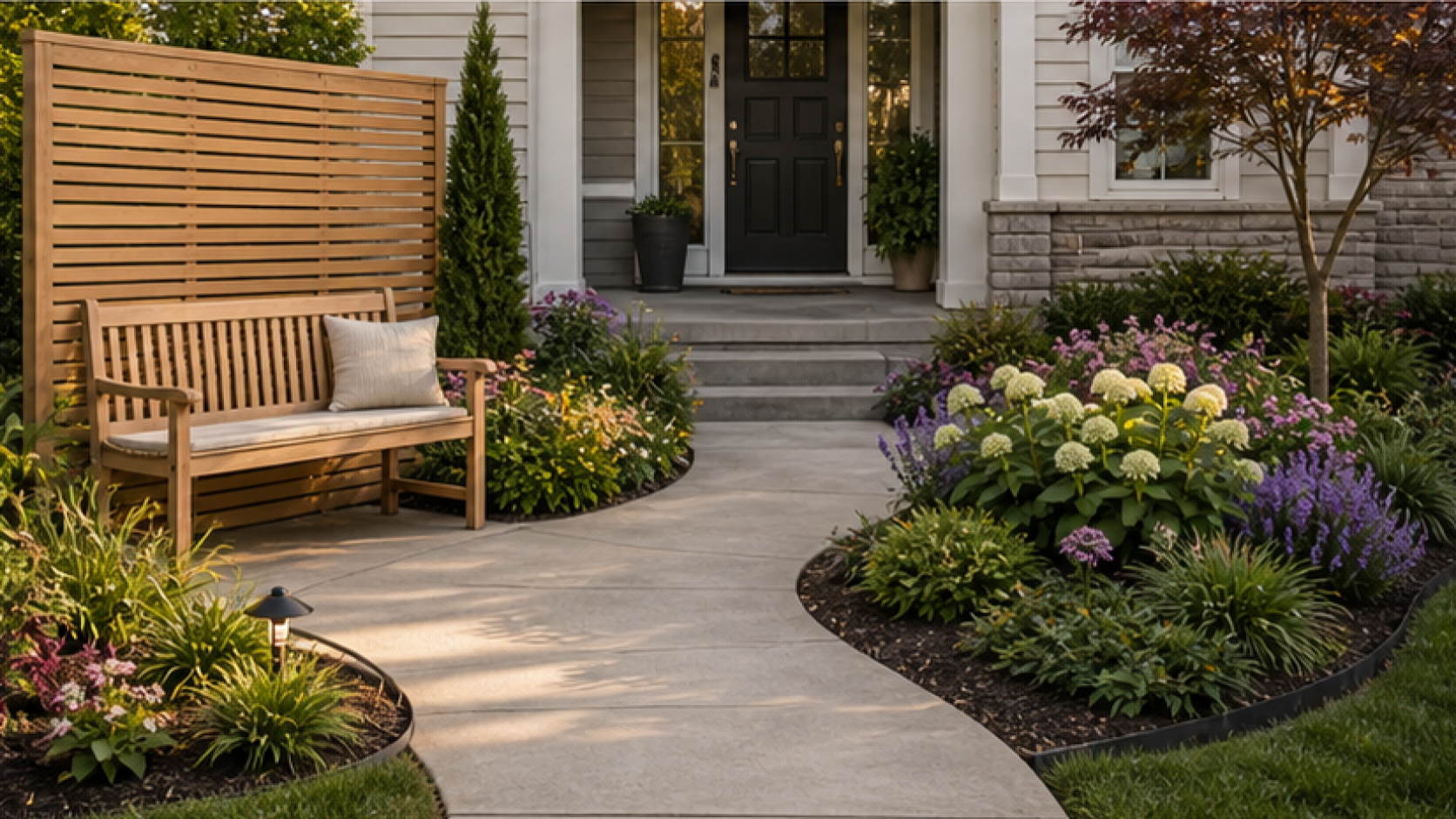 Front Yard Flower Bed Ideas with natural wood accents