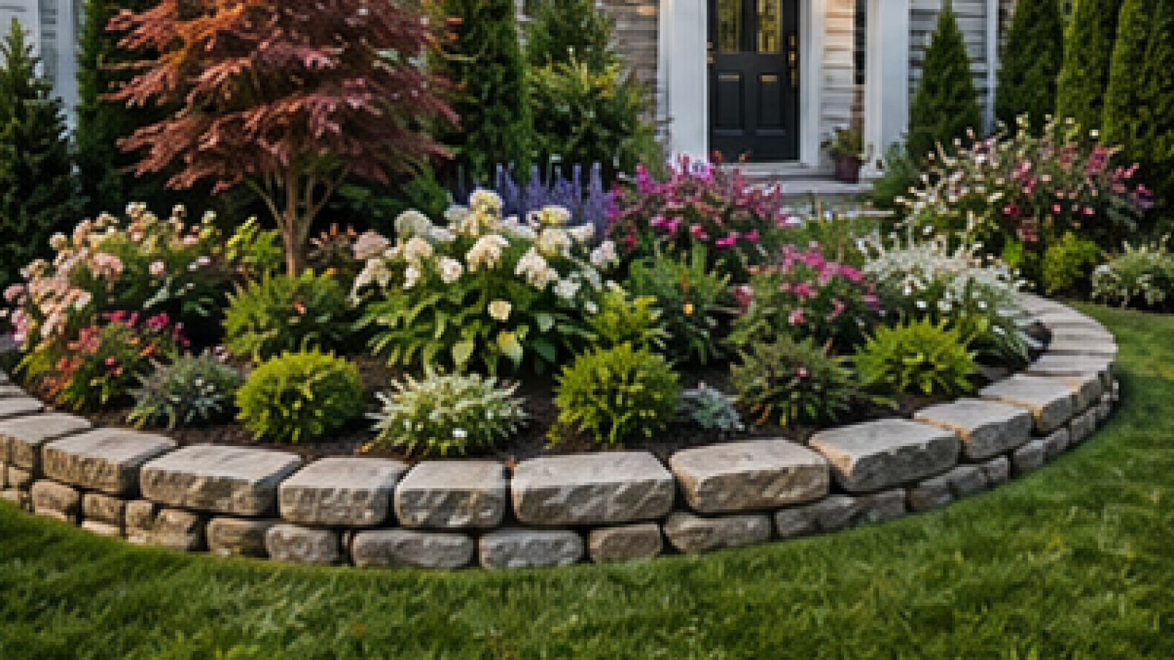 Front Yard Garden Ideas with stone border