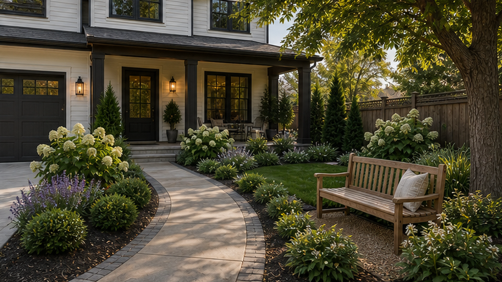 Front Yard Landscaping Ideas with a bench accent