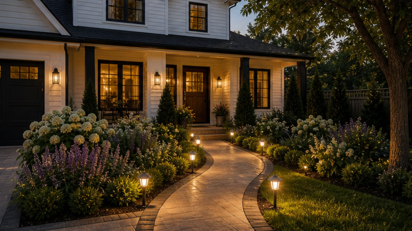 Front Yard Landscaping Ideas with path light accents