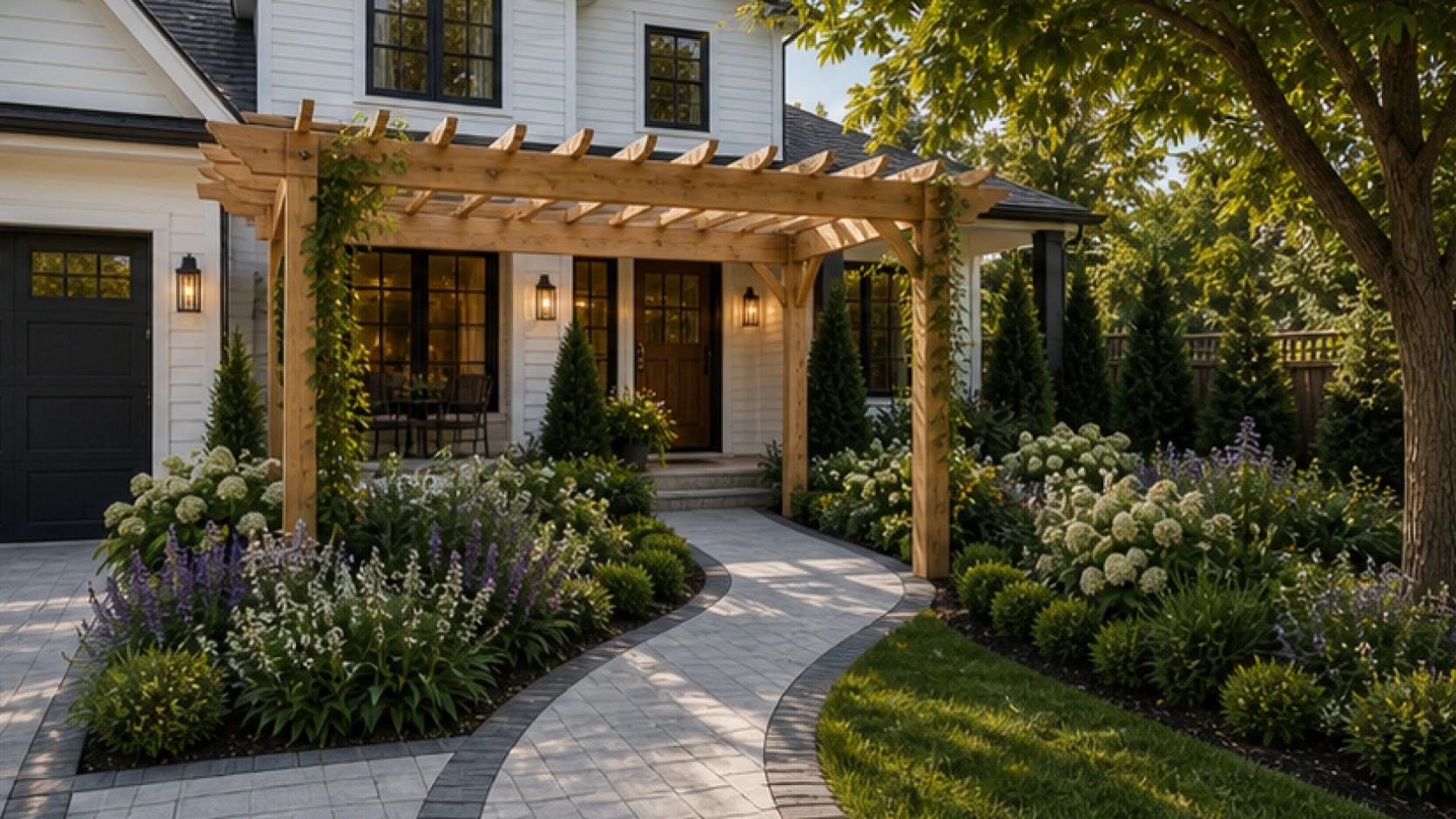 Front Yard Landscaping Ideas with a pergola accent