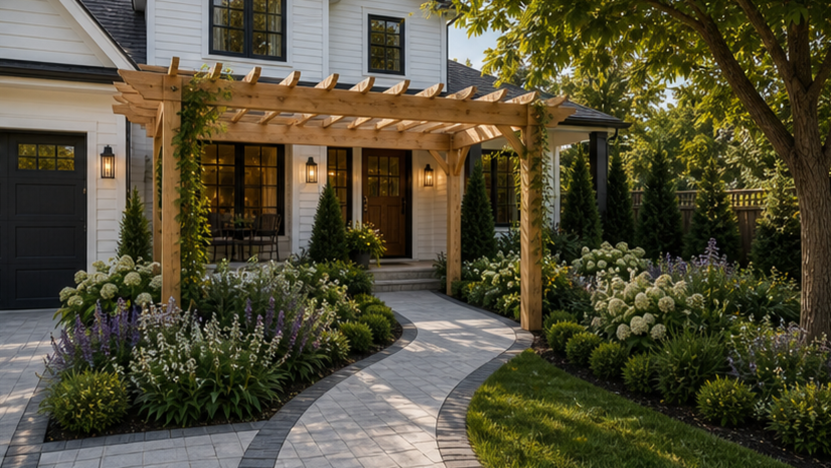 Front Yard Landscaping Ideas with a pergola accent