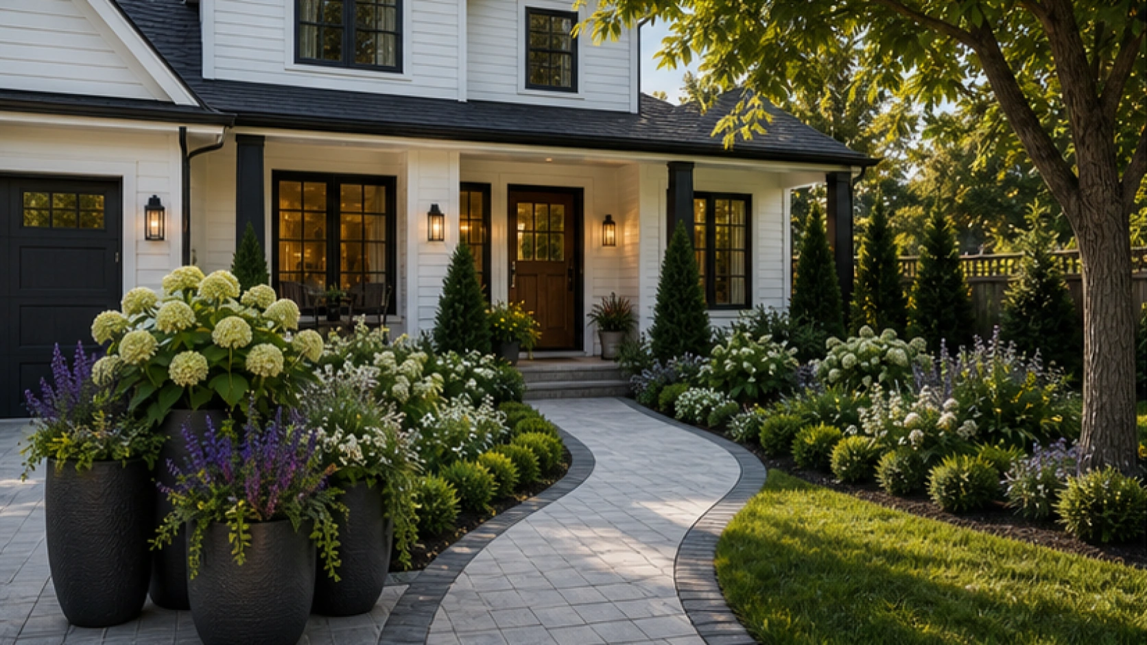 Front Yard Landscaping Ideas with grouped planters