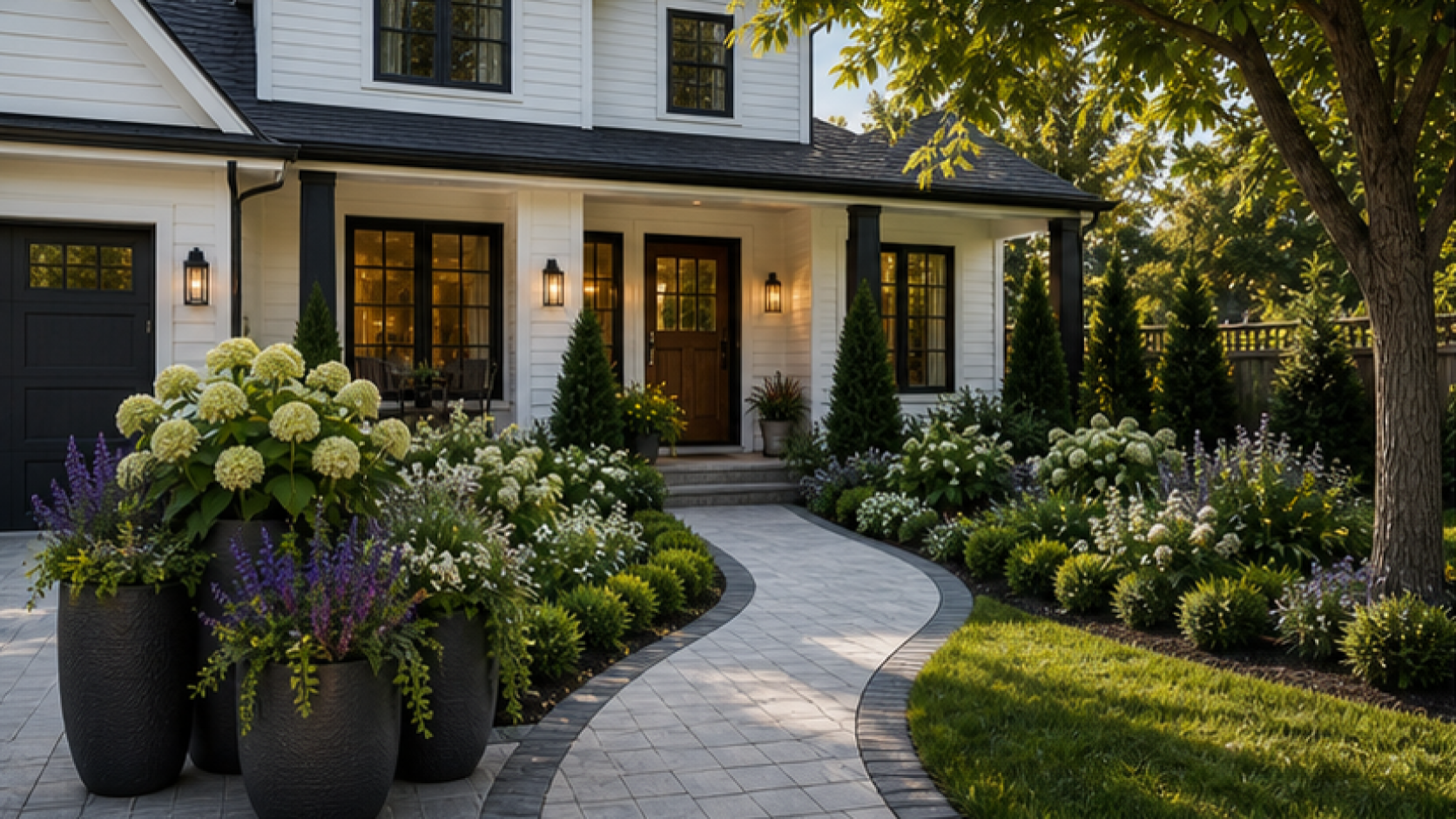 Front Yard Landscaping Ideas with grouped planters