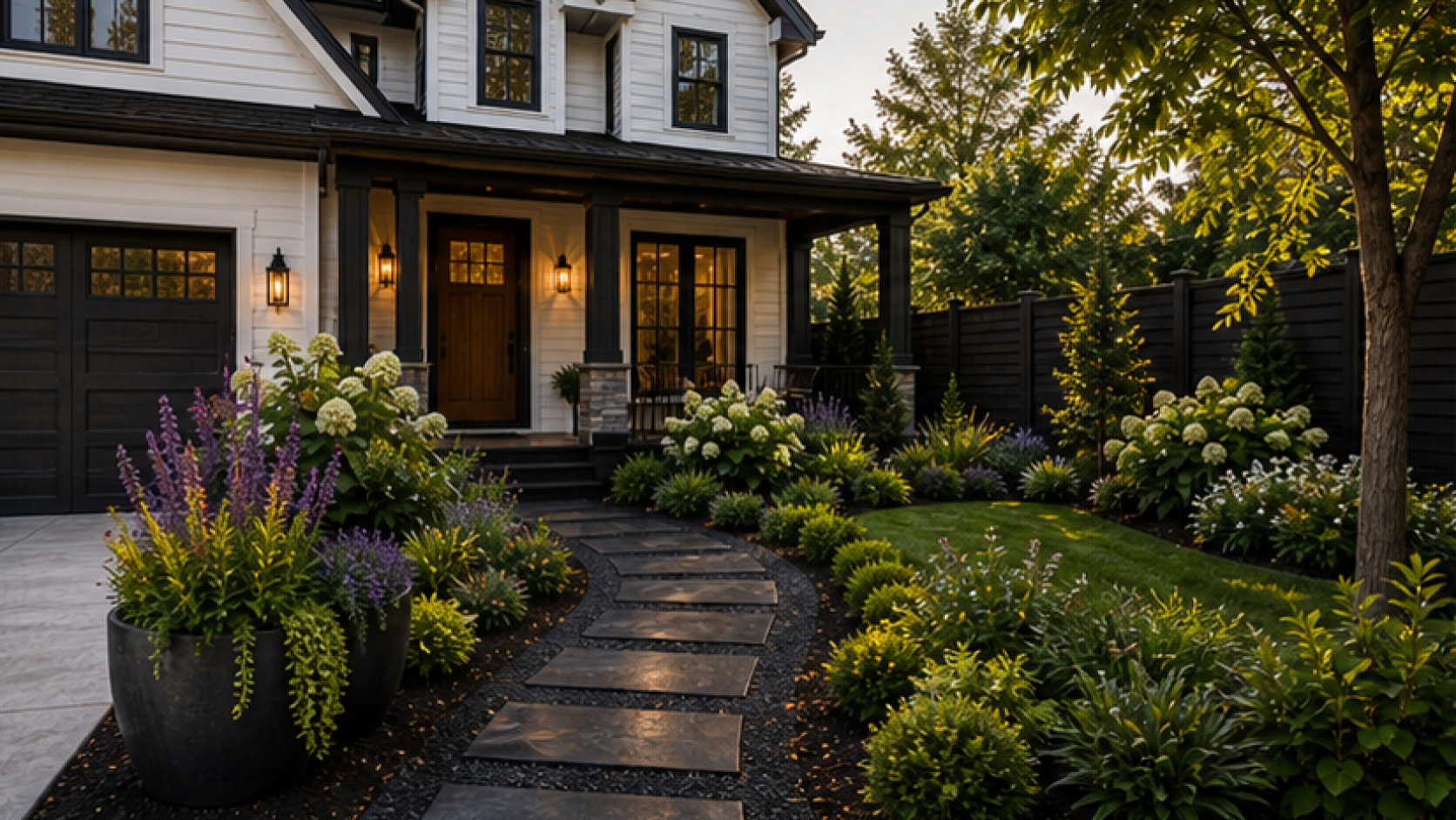Front Yard Landscaping Ideas with dark wood accents