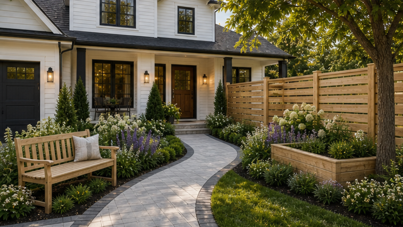 Front Yard Landscaping Ideas with natural wood accents
