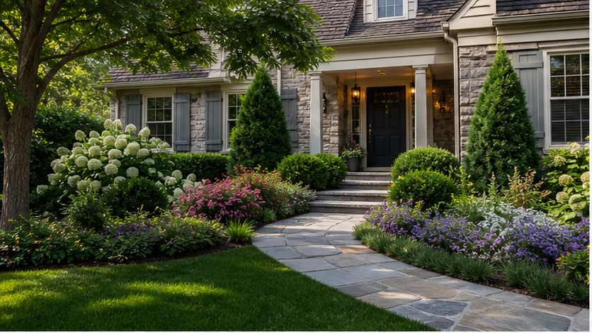 Front Yard Landscaping Ideas with lush planting