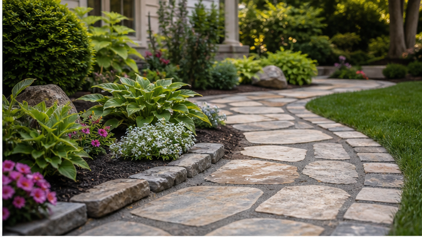 Front Yard Landscaping Ideas with stone texture