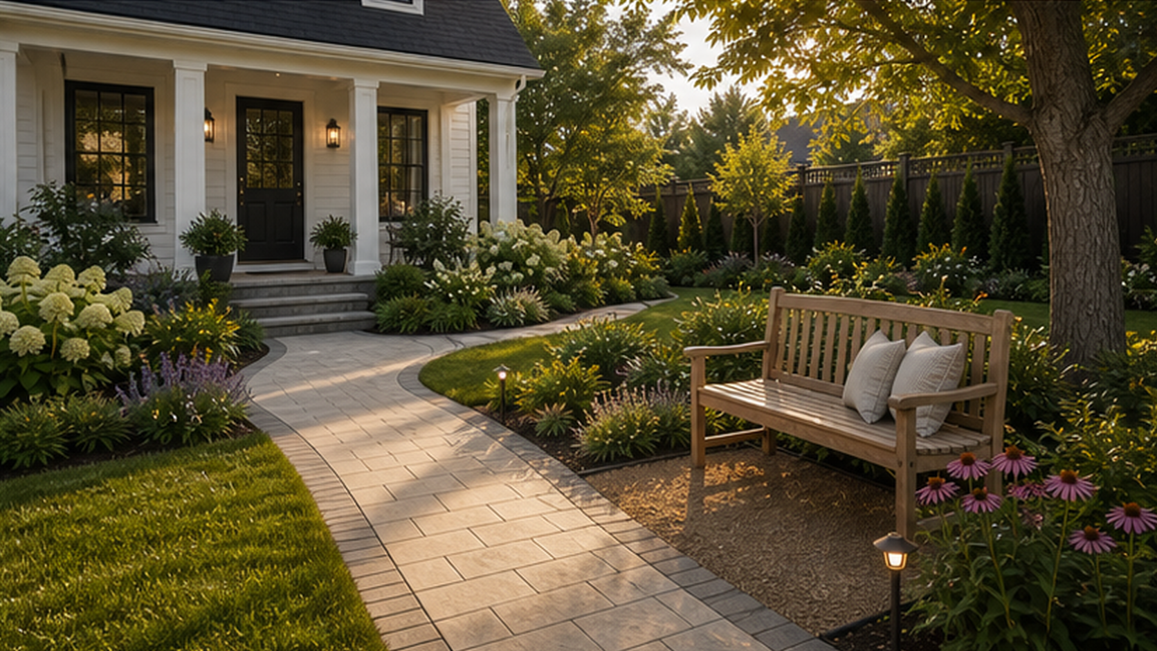 Front Yard Landscaping Ideas with a bench accent