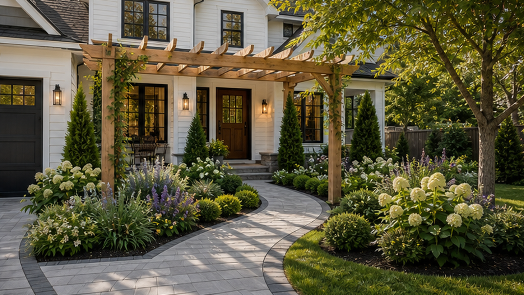 Front Yard Landscaping Ideas with a pergola accent