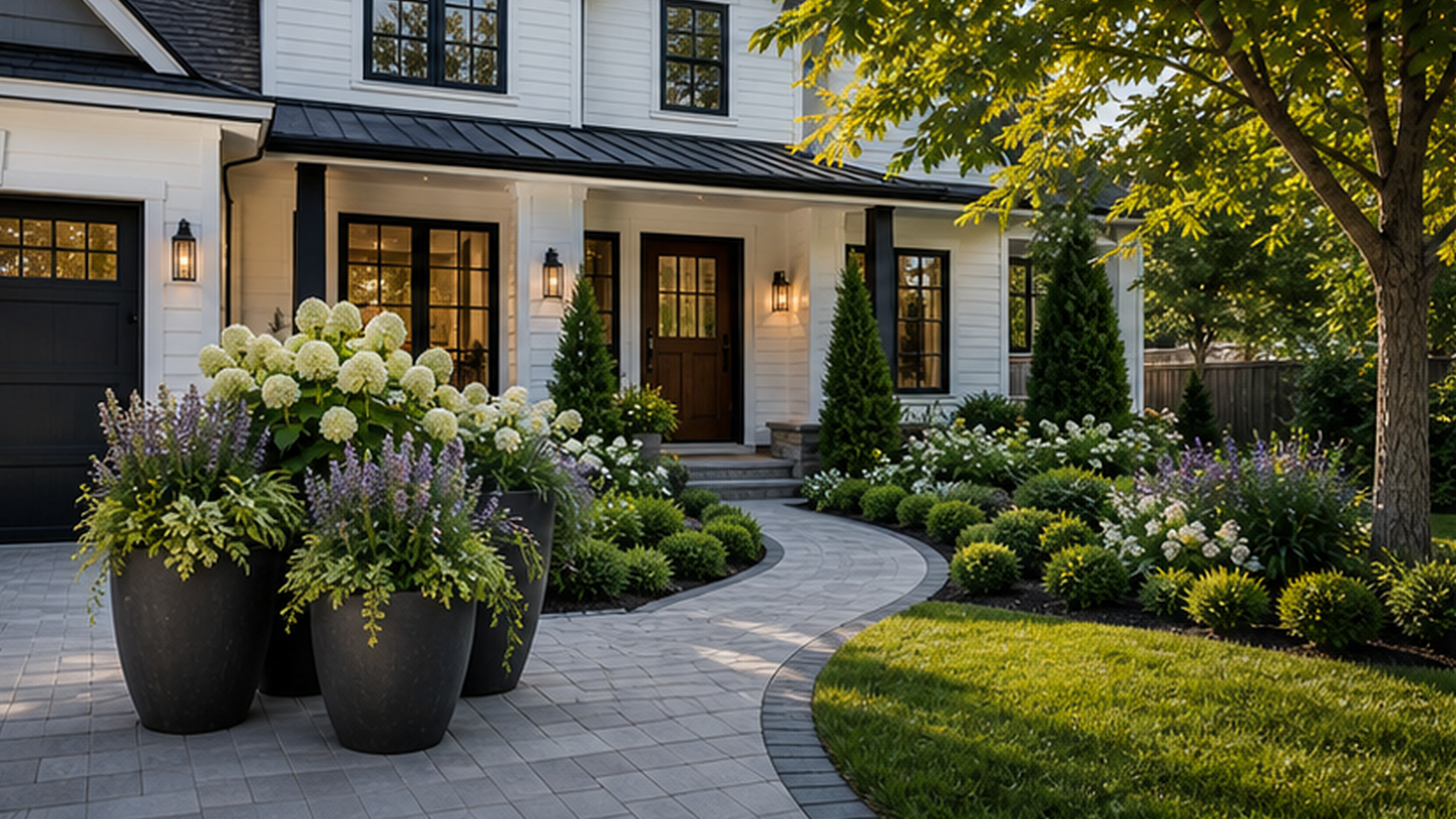 Front Yard Landscaping Ideas with grouped planters