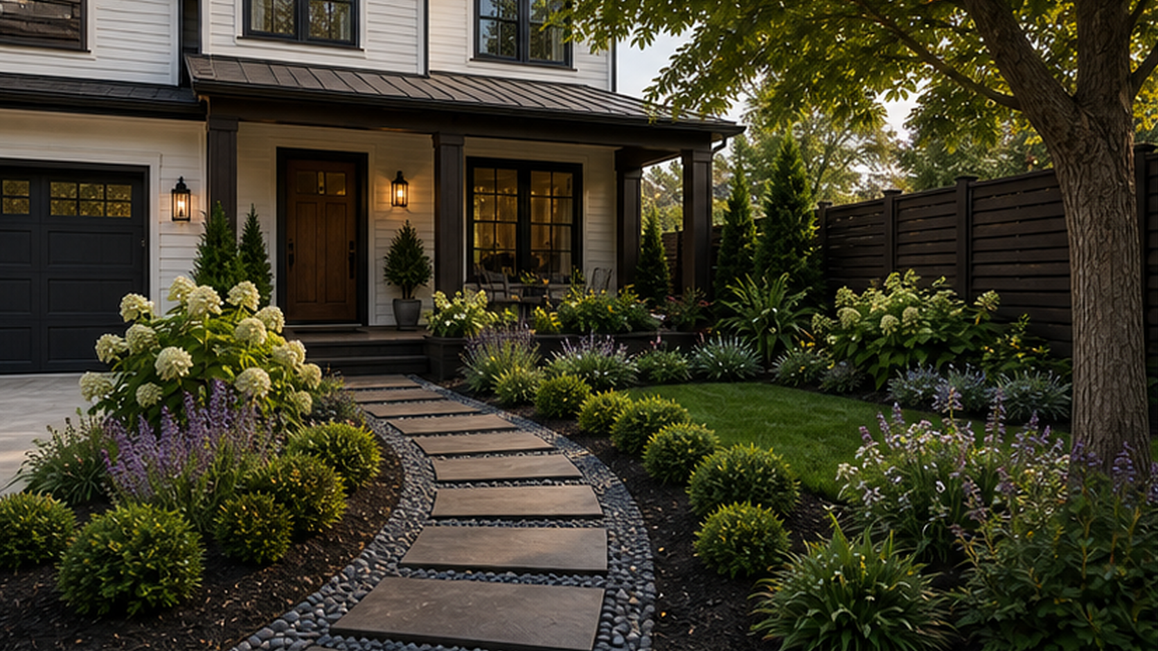 Front Yard Landscaping Ideas with dark wood accents